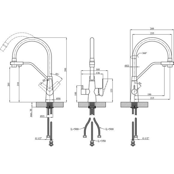 Змішувач для кухні Kroner KRP Edelstahl Klassisch ESG03817GRA (нержавіюча сталь/сірий, з гнучким виливом і підключенням питної води), Колір виробника: нержавіюча сталь, сірий, фото , изображение 10