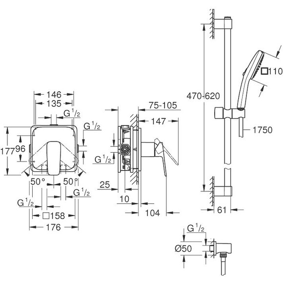 Зовнішня частина змішувача прихованого монтажу для душу Grohe Cubeo 1053350000 (з душовим гарнітуром), Колір виробника: хром, фото , изображение 14