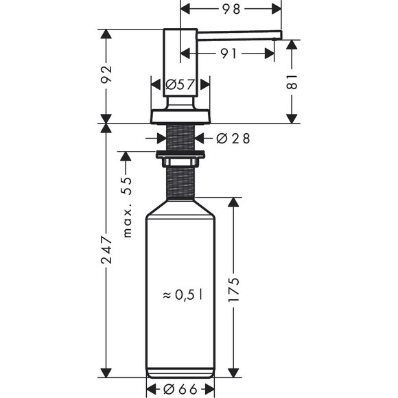 Дозатор для миючого засобу Hansgrohe A51 Black Matt 40448670 (чорний матовий, 500 мл), Колір виробника: чорний матовий, фото , изображение 2