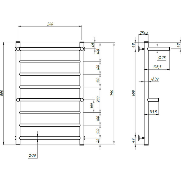 Водяна рушникосушарка Navin Класик 00-024021-5080 (500x800, з полицею), фото , изображение 9