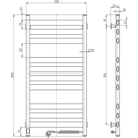 Электрический полотенцесушитель Navin Ellipse Sensor 12-845053-5010 (500x1000, белый бархат, правый, сенсорный, с таймером), Доступные размеры: 500 x 1000, Цвет производителя: белый бархат, Подключение полотенцесушителя: правое, фото 6