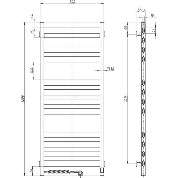 Электрический полотенцесушитель Navin Ellipse Sensor 12-245153-5012 (500x1200, черный муар, левый, сенсорный, с таймером), Доступные размеры: 500 x 1200, Цвет производителя: черный муар, Подключение полотенцесушителя: левое, фото 5