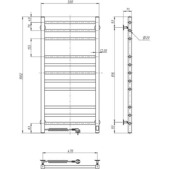 Электрический полотенцесушитель Navin Классик Квадро Sensor 10-016153-5010 (500x1000, левый, сенсорный, с таймером), Доступные размеры: 500 x 1000, Цвет производителя: хром, Подключение полотенцесушителя: левое, фото 7