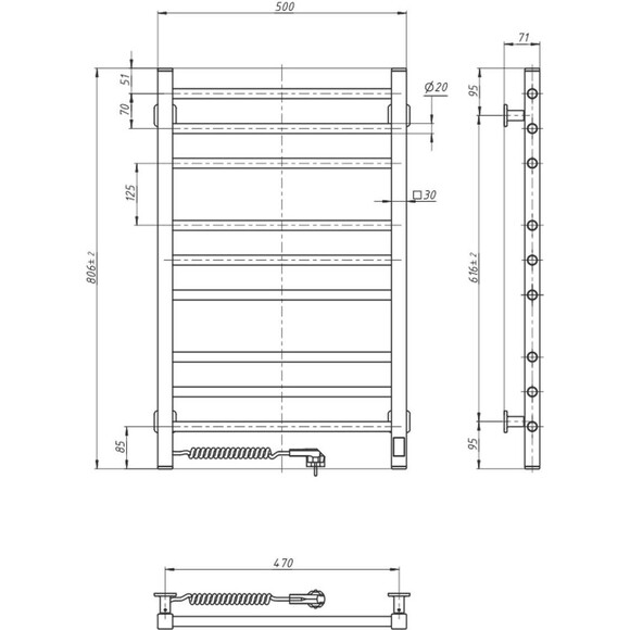 Электрический полотенцесушитель Navin Классик Квадро Sensor 12-216153-5080 (500x800, черный муар, левый, сенсорный, с таймером), Доступные размеры: 500 x 800, Цвет производителя: черный муар, Подключение полотенцесушителя: левое, фото 10