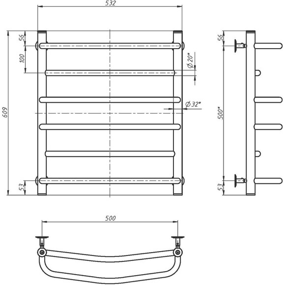 Водяна рушникосушарка Navin Омега 00-015020-5060 (500x600), Доступні розміри: 500 x 600, Колір виробника: хром, Підключення рушникосушарки: нижнє, фото , изображение 5