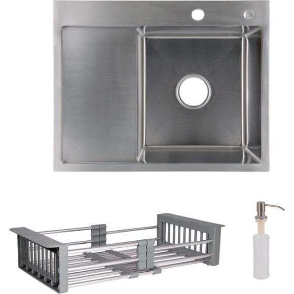 Мийка для кухні Lidz Handmade H6350L Brushed Steel LDH6350BRUL4558847521 (63x50 см, брашована сталь, 3.0/1.0 мм, з кошиком, сифоном та дозатором), Доступні розміри: 63 x 50 L, Колір виробника: брашована нержавіюча сталь, Тип поверхні: brash (брашированная, матовая), фото 