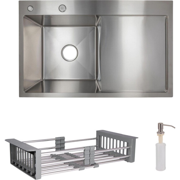 Мийка для кухні Lidz Handmade H7849R Brushed Steel LDH7849BRUR4559147524 (78x49 см, брашована сталь, 3.0/1.0 мм, з кошиком, сифоном та дозатором), Доступні розміри: 78 x 49 R, Колір виробника: брашована нержавіюча сталь, Тип поверхні: brash (брашированная, матовая), фото 