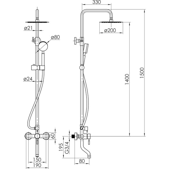 Душевая система RJ Lux SS Stainless steel RJSP120-08CH (нержавеющая сталь, с изливом), фото 2