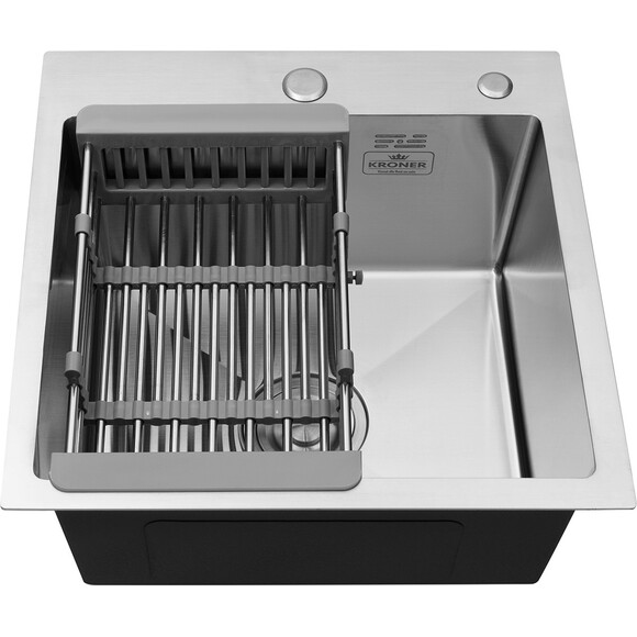 Кухонная мойка Kroner KRP Gebürstet 5050HM (Geburstet-5050HM, 50x50 см, 3.0/1.0 мм, с коландером и сифоном), Доступные размеры: 50 x 50, фото 3