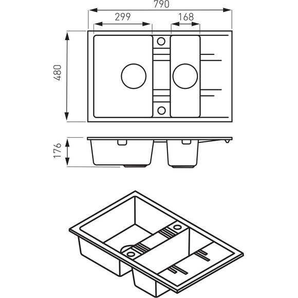 Мойка для кухни Ferro Mezzo II Grey DRGM3/48/79GA (79x48 см, серая, с фруктовницей, с сифоном и клапаном-автоматом), Доступные размеры: 79 x 48, Цвет производителя: серый, фото 4