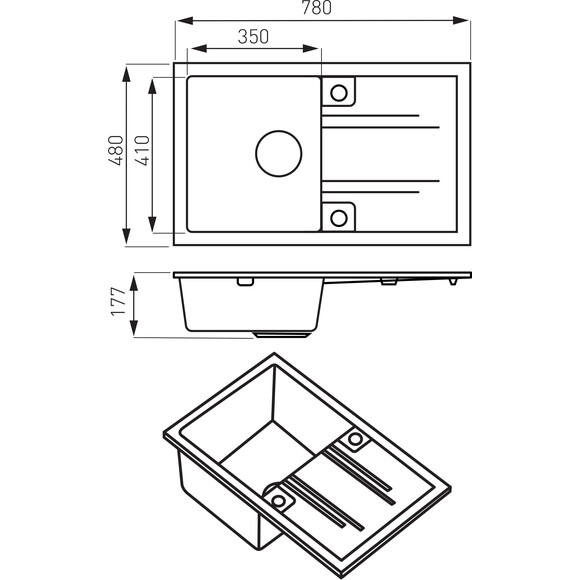 Мийка для кухні Ferro Mezzo II Graphite DRGM48/78BA (78x48 см, графітова, з сифоном та клапаном-автоматом), Доступні розміри: 78 x 48, Колір виробника: графіт, фото , изображение 4