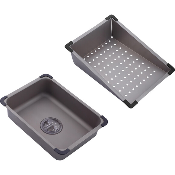 Кухонна мийка із змішувачем та краном Kroner KRP Schwarze Grey Matt Schwarze-SET7545NGPVD (75x46 см, 3.0/0.8 мм, з дошкою, двома коландероми, ополіскувачем для склянок, дозатором та сифоном), фото , изображение 10