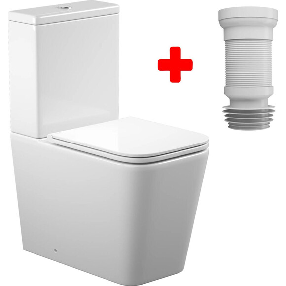 Безобідковий унітаз-компакт Koller Pool Kvadro Smart 1882560199+1050680199 (KR-0610-RQ-C+KR-0610-RQ-T+KP-6001, воронкоподібний, із сидінням і гнучким підведенням), фото 