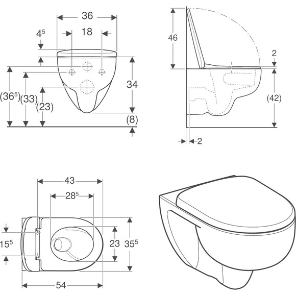 Безобідковий підвісний унітаз Geberit Selnova Rimfree TurboFlush 503.083.00.1 (воронкоподібний, з сидінням), фото , изображение 3
