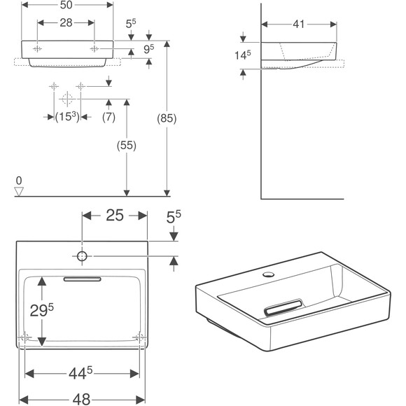 Умывальник Geberit One White Matt 505.026.00.1 (50x41 см, белый матовый), фото 2