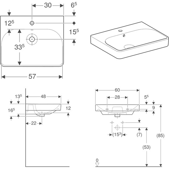 Умивальник Geberit Smyle Square 500.229.01.1 (60x48 см), фото , изображение 2
