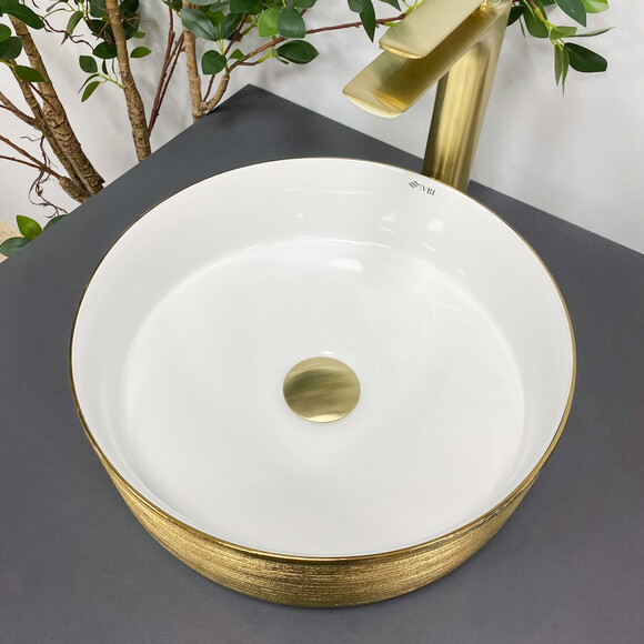 Умивальник VBI Prato White/Brush Gold VBI-011408 (36 см, білий глянсовий/брашований золотий, чаша), Доступні розміри: 36 x 36, Колір виробника: білий глянець, золото брашоване, фото , изображение 3