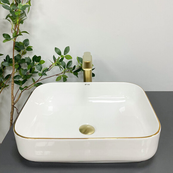 Умивальник VBI Palermo White Glossy/Gold Edge VBI-012308 (50x39 см, білий глянсовий/золотий, чаша), Доступні розміри: 50 x 39, Колір виробника: білий глянець, золотий бортик, фото , изображение 3