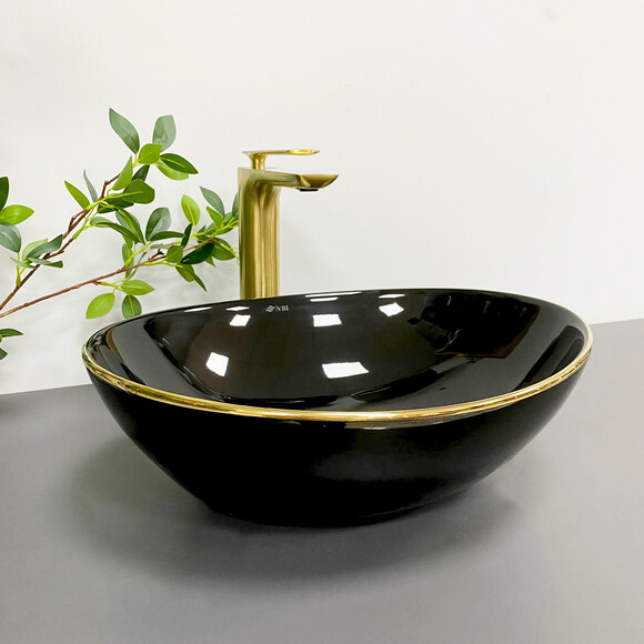 Умивальник VBI Parma Black/Gold Edge VBI-011012 (42x34 см, чорний глянсовий/золотий, чаша), Доступні розміри: 42 x 34, Колір виробника: чорний глянець, золото, фото , изображение 4