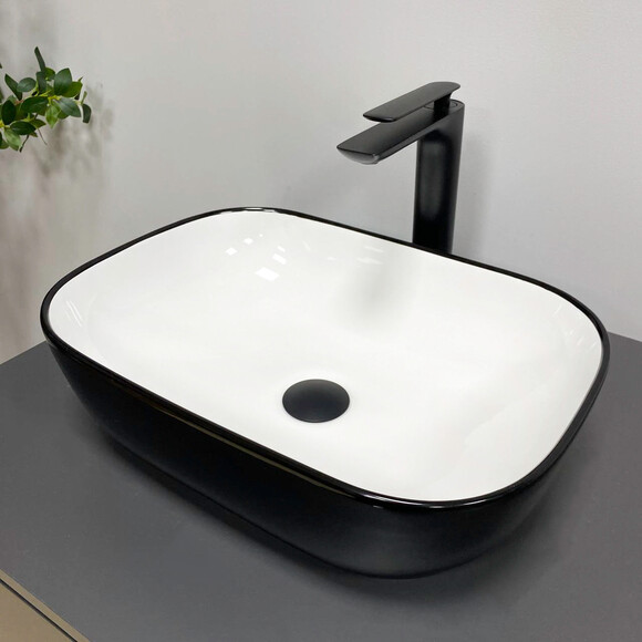 Умывальник VBI Ravenna Black Glossy/White Glossy VBI-011226 (46x33 см, черный глянцевый/белый глянцевый, чаша), Доступные размеры: 45 x 32, Цвет производителя: белый глянец, черный глянец, фото 