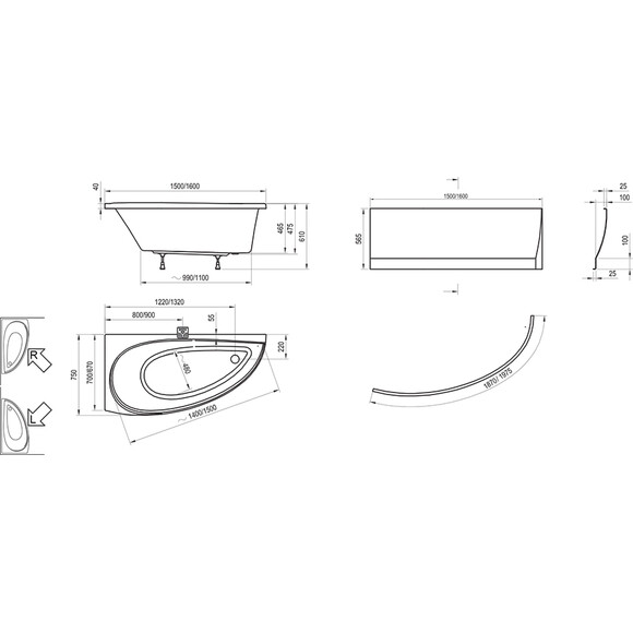 Акрилова ванна Ravak Avocado R CH01000000 (160x75 см, кутова, права), Доступні розміри: 160 x 75 R, фото , изображение 6