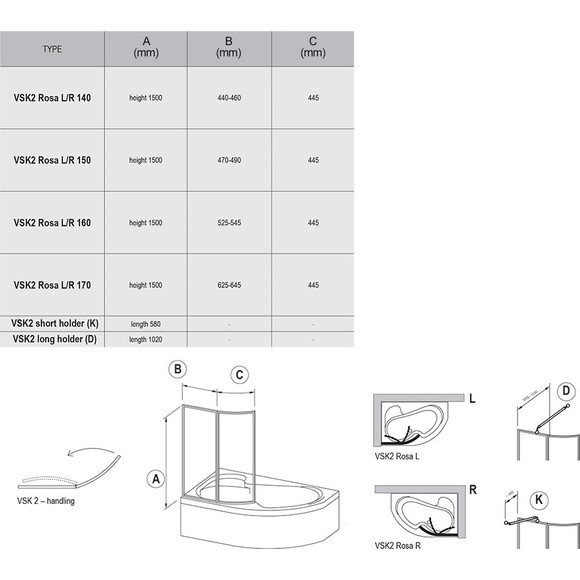 Стеклянная шторка для ванны Ravak VSK2 Rosa II 170 L (76LB010041, стекло матовое рифленое, профиль белый, левая), Доступные размеры: 170 L, Цвет производителя: матовое рифленое стекло, отделка белая, фото 5