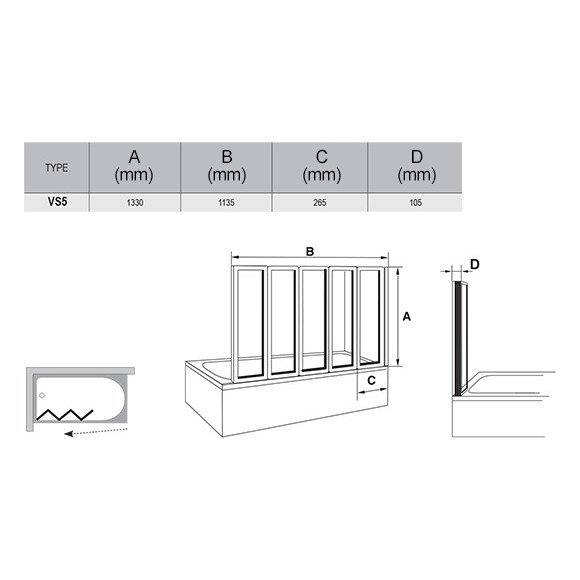 Стеклянная шторка для ванны Ravak Supernova VS5 (794E010041, 113,5x133 см, стекло матовое рифленое, профиль белый), фото 3