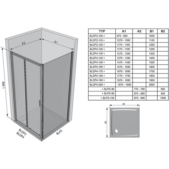 Душова кабіна Ravak Blix BLDP2-100+BLPS-80 (0PVA0C00ZGSET100BLPS80, 100x80 см, скло матове, профіль хром), Доступні розміри: 100 x 80, Колір виробника: матове скло, обробка хром, фото , изображение 10