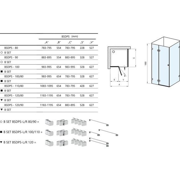 Набор стекол для кабины Ravak Brilliant BSDPS-90/90 R (0UP77A00Z1, 90x90 см, стекло прозрачное,  правый), Доступные размеры: 90 x 90 R, фото 3