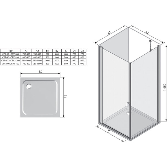 Душова кабіна Ravak Chrome CRV1-90+CPS-100 (1QV70U01Z1SET90CPS100, 90x100 см, скло прозоре, профіль сатин), Доступні розміри: 90 x 100, Колір виробника: прозоре скло, обробка сатин, фото , изображение 8