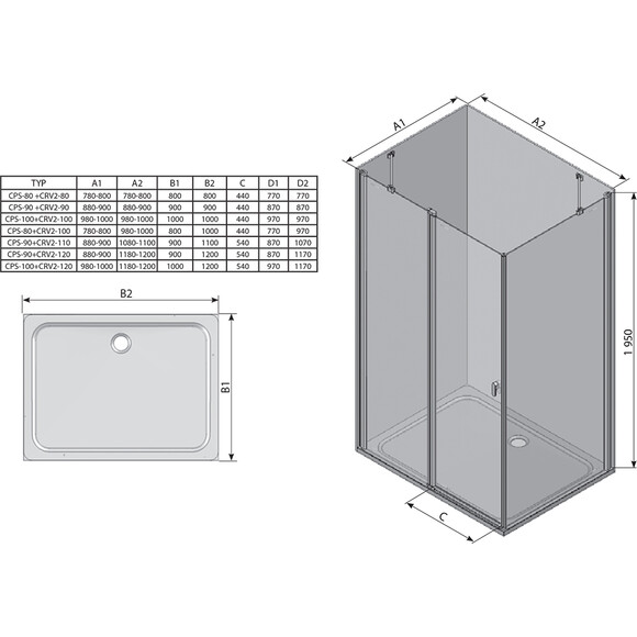 Душевая кабина CRV2+CPS 100x90 bright alu+transparent, Доступні розміри: 100 x 90, Колір виробника: прозоре скло, обробка хром, фото , изображение 9