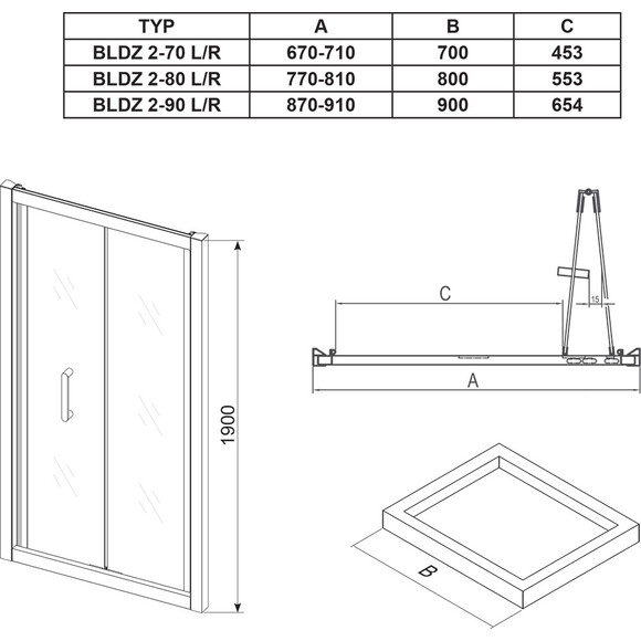 Душевые двери Ravak Blix BLDZ2-90 (X01H70C00Z1, 90 см, стекло прозрачное, профиль хром), фото 3