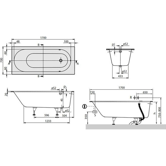 Кварилова ванна Villeroy & Boch Oberon UBQ177OBE2V-01 (170x70 см, з ніжками), Доступні розміри: 170 x 70, фото , изображение 2