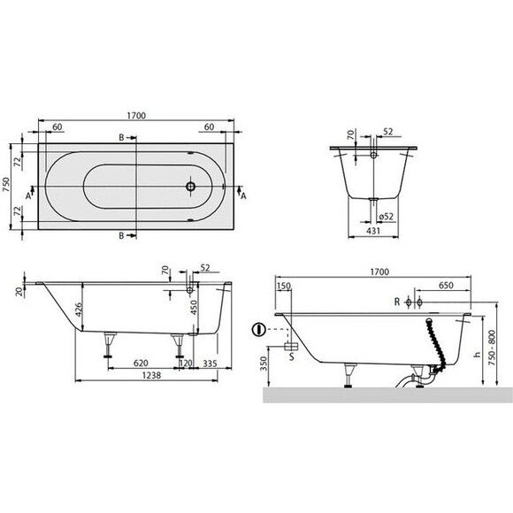 Кварилова ванна Villeroy & Boch Oberon UBQ170OBE2V-01 (170x75 см, з ніжками), Доступні розміри: 170 x 75, фото , изображение 4