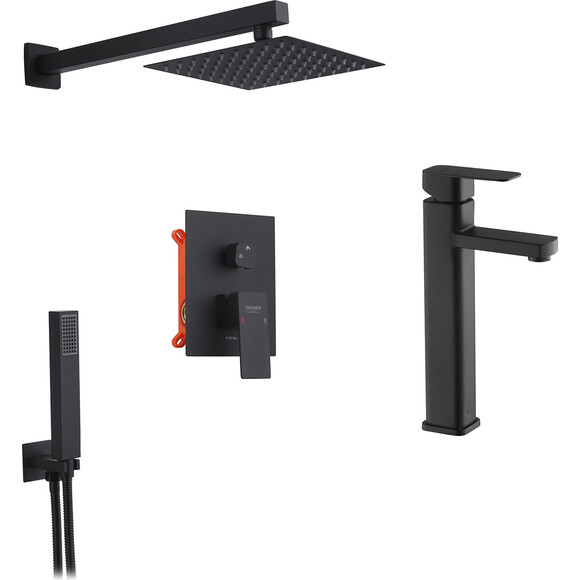 Комплект смесителей для ванной комнаты Kroner Edelstahl Kubus KRKSCH082SCH0103 (Kubus-SCH082+Kubus-SCH010-3, черный), фото 