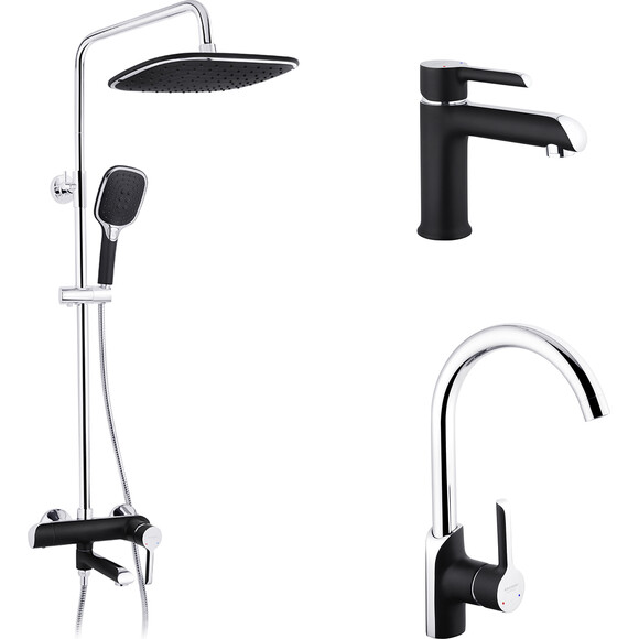 Комплект смесителей для ванной комнаты и кухни Kroner Essen & Essen & Essen KRESCH063SCH010SCH030 (Essen-SCH063+Essen-SCH030+Essen-SCH010, черный матовый/хром), фото 