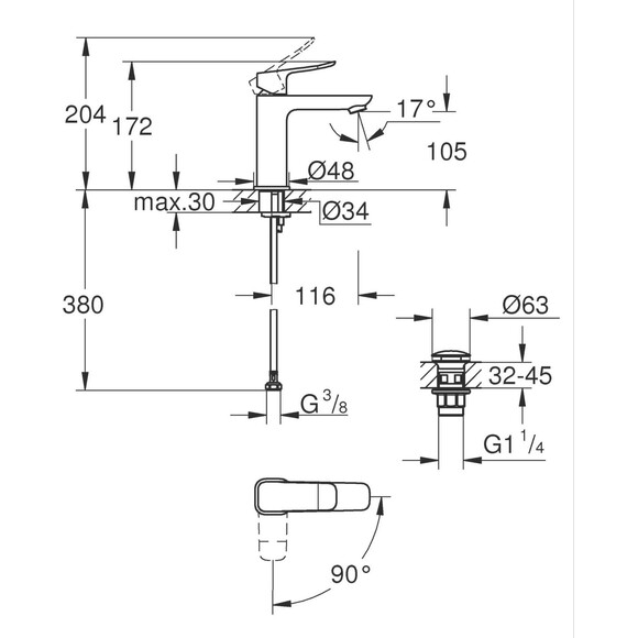 Змішувач для умивальника Grohe QuickFix Dice ColdStart M-Size Black MAtt 1018362430 (чорний матовий, з донним клапаном), Колір виробника: чорний матовий, фото , изображение 16