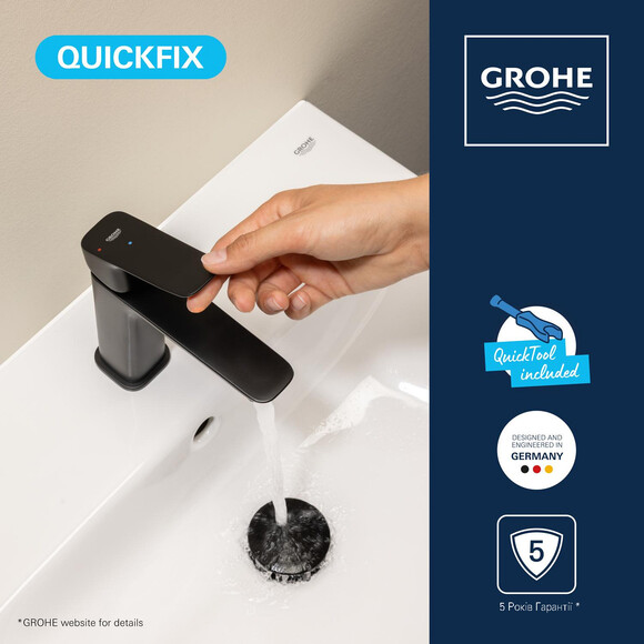 Змішувач для умивальника Grohe QuickFix Dice ColdStart M-Size Black MAtt 1018362430 (чорний матовий, з донним клапаном), Колір виробника: чорний матовий, фото , изображение 9