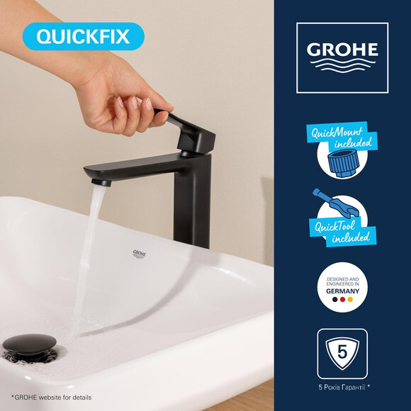 Змішувач для умивальника Grohe QuickFix Dice XL-Size Black Matt 1018922430 (чорний матовий, високий), Колір виробника: чорний матовий, фото , изображение 9