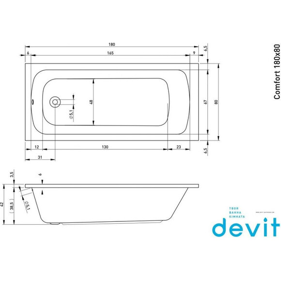 Акрилова ванна Devit Comfort 18080123 (180x80 см, з ніжками), Доступні розміри: 180 x 80, фото , изображение 2