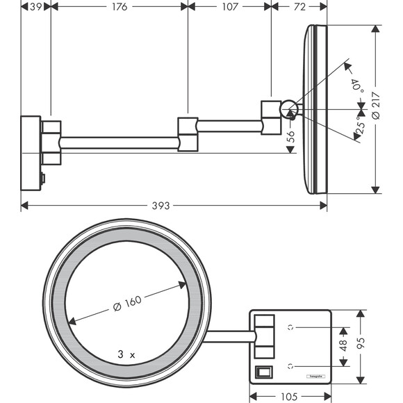 Косметическое зеркало Hansgrohe AddStoris Brushed Black Chrome 41790340 (брашированный черный хром, с подсветкой, подвесное), Цвет производителя: брашированный черный хром, фото 2