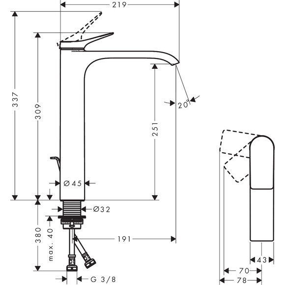 Смеситель для умывальника Hansgrohe Vivenis 250 CoolStart Brushed Black Chrome 75044340 (брашированный черный хром, с каскадным изливом и донным клапаном, высокий), Цвет производителя: брашированный черный хром, фото 4