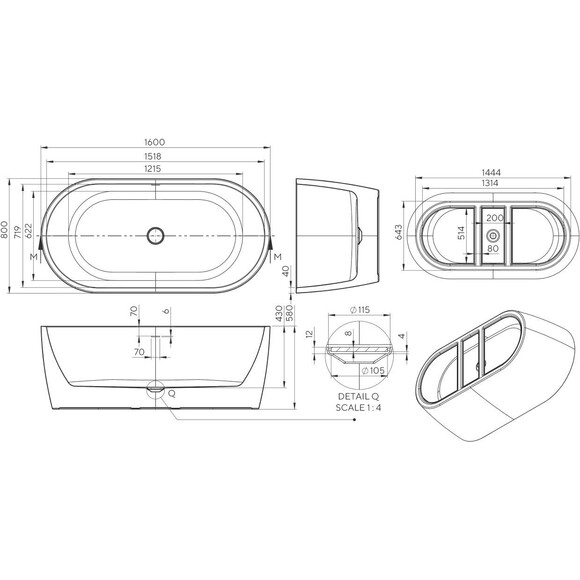 Акриловая ванна Koller Pool PureLine White/Matt Black 0266251501 (160x80 см, белая/черная матовая, отдельностоящая, с ножками и сифоном), Цвет производителя: белый, черный, фото 5