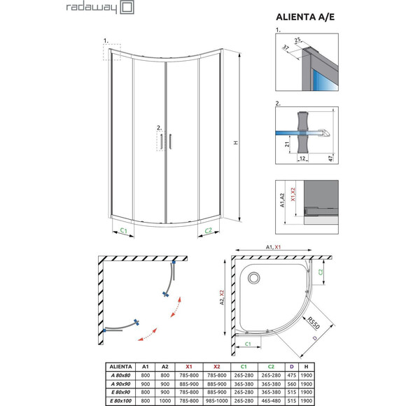 Комплект Radaway: душова кабіна Alienta A Chrome + піддон Lupo 10228080-01-01KL500 (80x80 см, прозоре скло, профіль хром, з сифоном), Доступні розміри: 80 x 80, фото , изображение 9