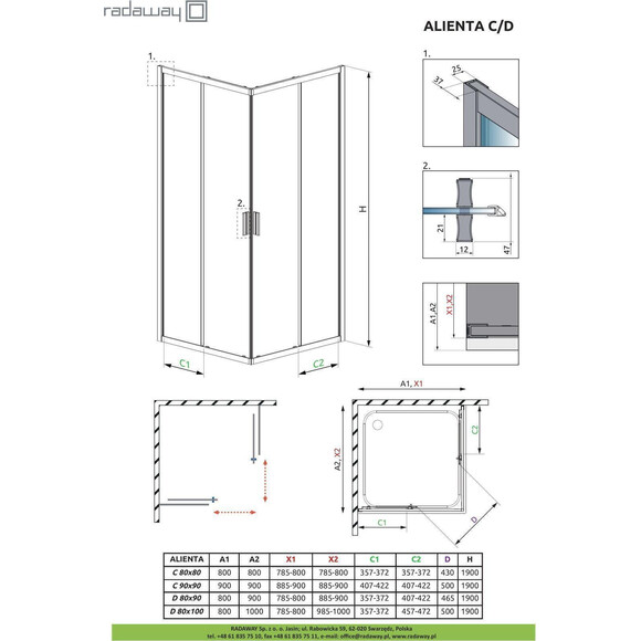 Комплект Radaway: душова кабіна Alienta C Chrome + піддон Tinos 10238080-01-01KT (80x80 см, прозоре скло, профіль хром, з сифоном), фото , изображение 7