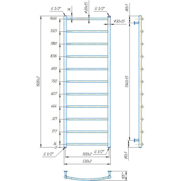 Водяной полотенцесушитель Mario Inox Классик HP 1.8.044573.P (530x1500, белый глянец/белый матовый/бронза/графит/золото/черный матовый/хром), Доступные размеры: 530 x 1500, фото 3