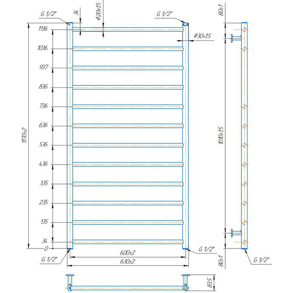 Водяной полотенцесушитель Mario Inox Флет 1.8.044724.P (630x1170, белый глянец/белый матовый/бронза/графит/золото/черный матовый/хром), Доступные размеры: 630 x 1170, фото 4