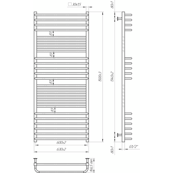 Водяной полотенцесушитель Mario Inox Гера-Люкс 1.7.044551.P (630x1500, хром/сатин/белый глянец/белый мат/черный мат/графит/бронза/золото/золото сатин), Доступные размеры: 630 x 1500, фото 4