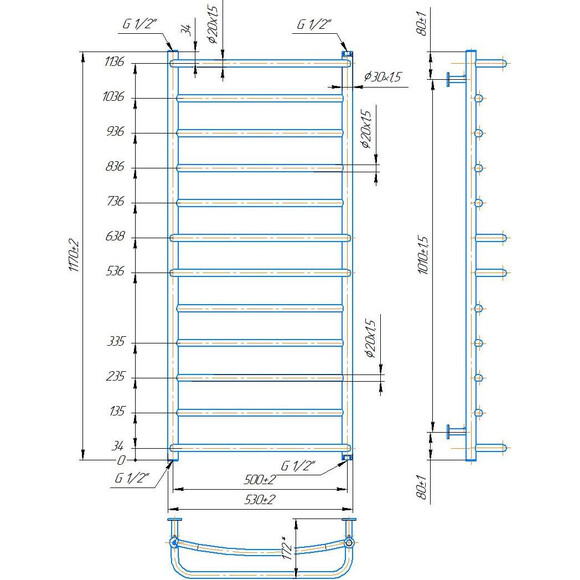 Водяной полотенцесушитель Mario Inox Люкс 1.074.044582.0 (530x1170, белый глянец/белый матовый/бронза/графит/золото/черный матовый/хром), Доступные размеры: 530 x 1170, фото 4