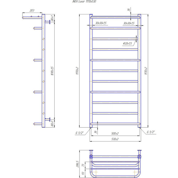 Водяной полотенцесушитель Mario Inox Люксор 1.7.044587.P (530x1170, белый глянец/белый матовый/бронза/графит/золото/черный матовый/хром, с полкой), Доступные размеры: 530 x 1170, фото 4
